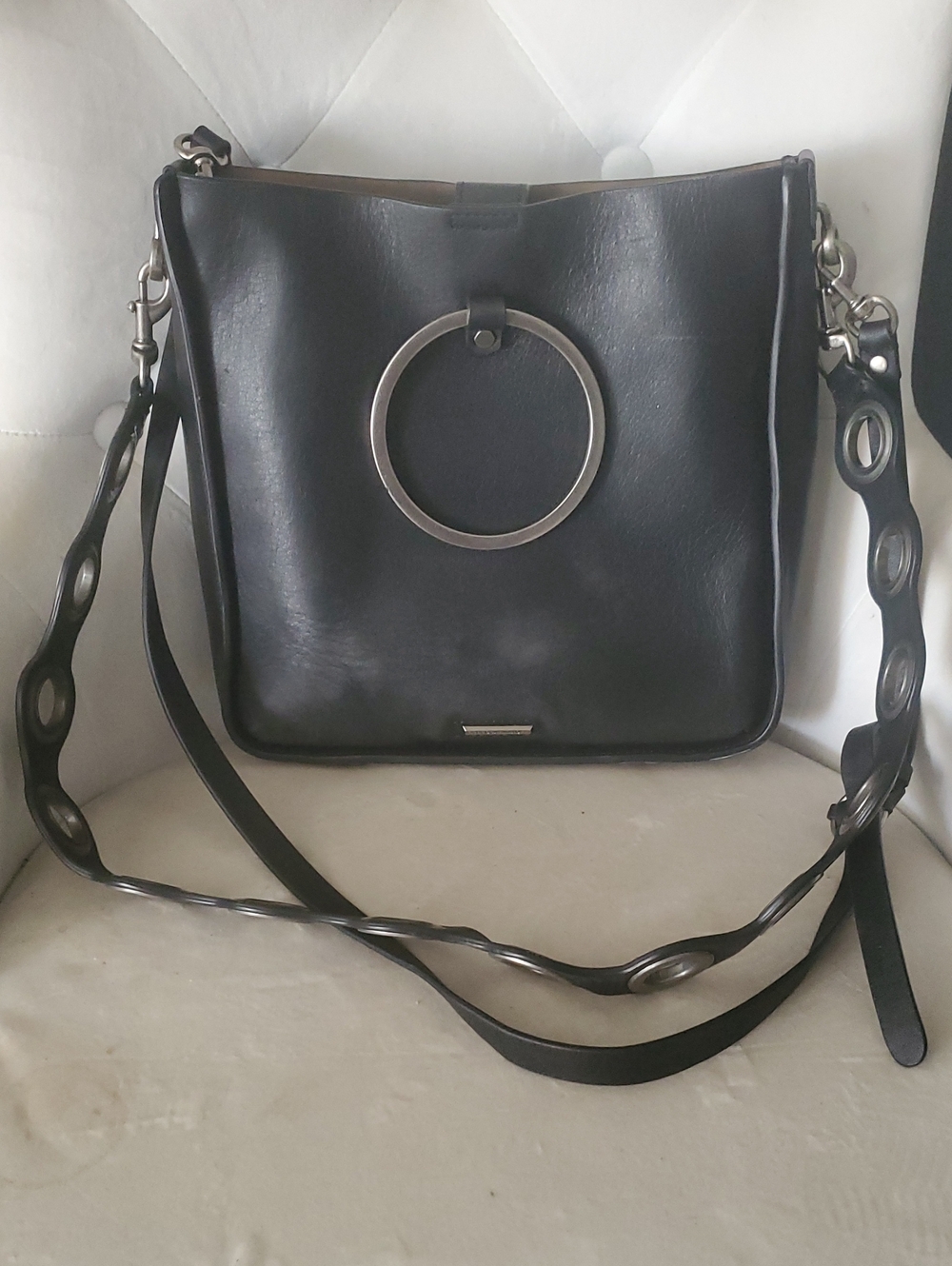 Rebecca Minkoff Black Leather Shoulder Bag with Ring Accent
